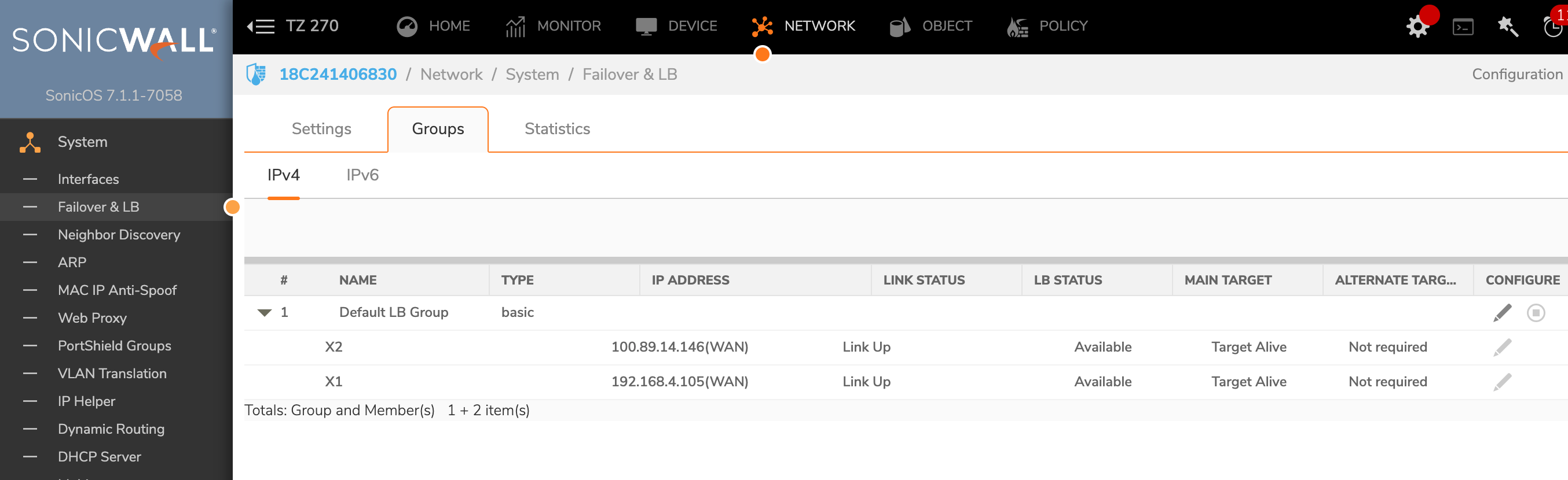 SonicWall Admin Interface - Failover & Load Balancing